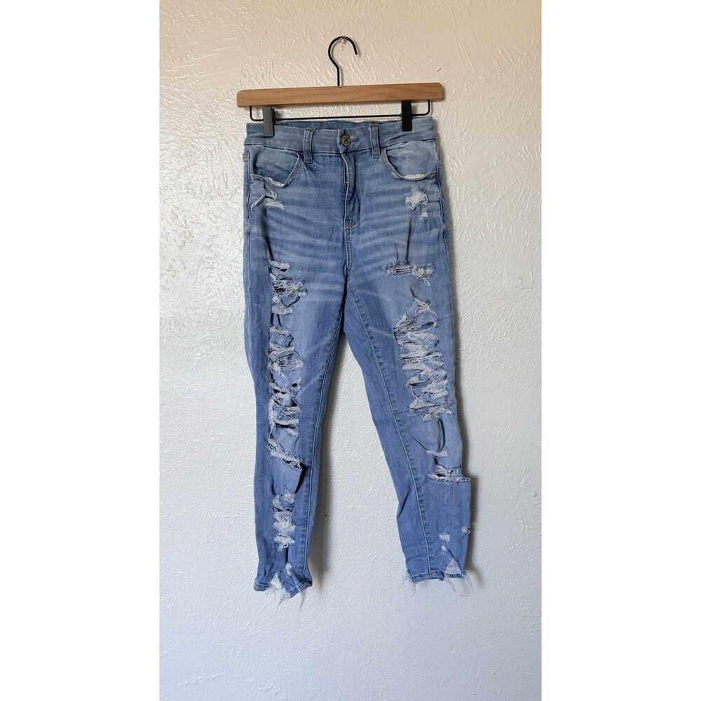 American Eagle Stretch Blue Distressed curvy high-rise Jegging crop Size 4 Short